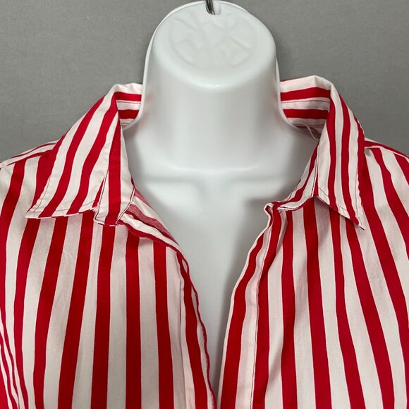 Zara Top Red White Stripes DIY Cropped Boxy Short Sleeves Button-Up Pocket - Picture 5 of 9
